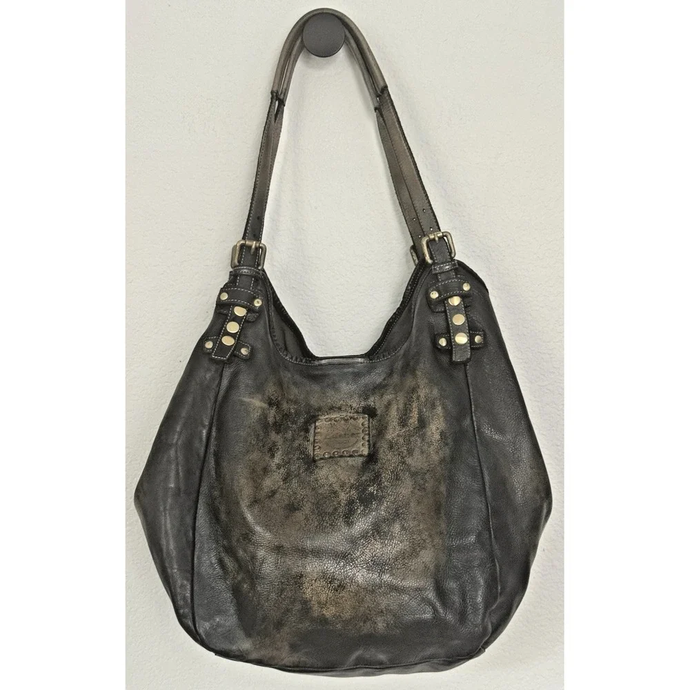 Lusher Soft and Slouchy Hobo Stone Washed Black Raw Onyx Italian Leather Studded